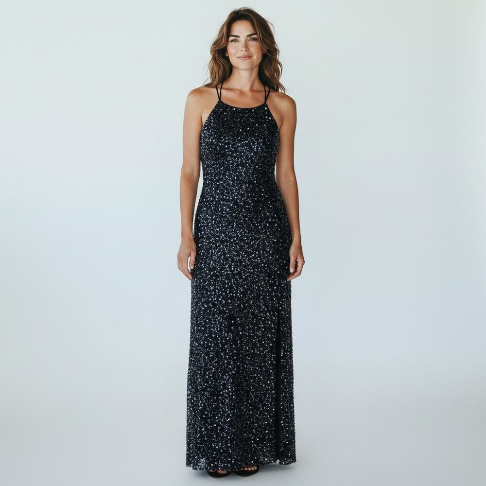 Sean Collection Beaded Pure Silk Halter Maxi Dress Vintage Womens Sz M Black 90s